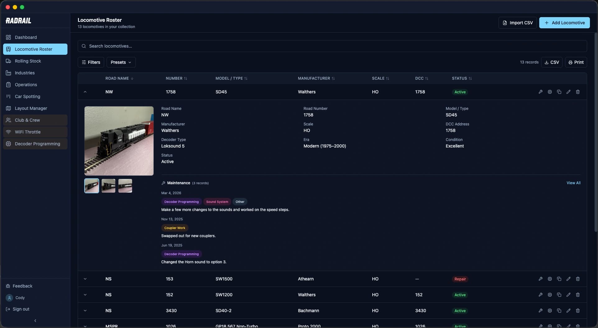 TrainDCS Locomotive Roster screenshot